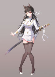 Rule 34 | 1girl, absurdres, animal ears, atago, atago (azur lane), azur lane, black hair, breasts, buttons, closed mouth, commentary request, double-breasted, extra ears, full body, garter straps, gold trim, gradient background, hair between eyes, hair ornament, hair ribbon, high heels, highres, holding, hyangu, katana, knees together feet apart, large breasts, long hair, long sleeves, looking at viewer, ribbon, simple background, skirt, smile, solo, standing, sword, tachi-e, thighhighs, weapon, white footwear, white ribbon, white skirt, white sleeves, wolf ears, wolf girl, yellow eyes