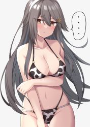 Rule 34 | ..., 1girl, akahi242, animal print, bare arms, bare legs, bare shoulders, bikini, black hair, blush, breasts, cleavage, closed mouth, collarbone, cow print, cowboy shot, grey background, groin, hair between eyes, hair ornament, hairband, hairclip, haruna (kancolle), highres, kantai collection, large breasts, long hair, navel, pout, simple background, solo, spoken ellipsis, swimsuit, white bikini, white hairband, yellow eyes