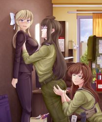 Rule 34 | 3girls, absurdres, against wall, artist request, ass, ass grab, blonde hair, blue eyes, blush, bow, breasts, brown eyes, brown hair, come hither, deep skin, glasses, green eyes, hair bow, highres, huge ass, large breasts, long hair, looking at viewer, military, military uniform, multiple girls, naughty face, open mouth, pants, pantsuit, ponytail, sideboob, smile, tight clothes, tight pants, uniform, very long hair, yuri