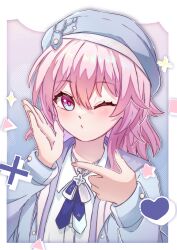 Rule 34 | 1girl, absurdres, blue background, blue beret, blue eyes, blue jacket, blue shirt, border, collared shirt, commentary, finger gun, gradient background, hands up, highres, honkai: star rail, honkai (series), jacket, jewelry, long sleeves, looking at viewer, march 7th (apparel) (honkai: star rail), march 7th (honkai: star rail), medium hair, necklace, official alternate costume, one eye closed, open hand, outside border, pastel colors, pink background, pink eyes, pink hair, pink pupils, shirt, solo, two-tone eyes, upper body, utaneko, white border