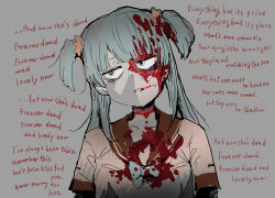 Rule 34 | 1girl, blood, blood on clothes, blood on face, blood splatter, blue hair, english text, grey background, kamihama university affiliated school uniform, kojima terashi, layered sleeves, long hair, long sleeves, looking to the side, lyrics, magia record: mahou shoujo madoka magica gaiden, mahou shoujo madoka magica, minami rena, school uniform, serafuku, shirt, short over long sleeves, short sleeves, short twintails, solo, twintails, white shirt