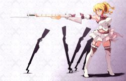 Rule 34 | 1girl, armpits, bad id, bad pixiv id, bayonet, blonde hair, blue eyes, breasts, character request, earrings, gun, highres, jewelry, large breasts, mahou shoujo madoka magica, mahou shoujo madoka magica (anime), midriff, navel, parody, planted, ponytail, rifle, ryo-ma, solo, thighhighs, weapon