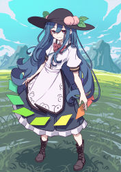 Rule 34 | 1girl, absurdres, apron, black hat, blouse, blue bow, blue hair, blue skirt, blue sky, bow, bowtie, brown footwear, buttons, cross-laced footwear, day, dress shirt, food, frills, fruit, grass, hat, highres, hinanawi tenshi, kame (kamepan44231), leaf, long hair, looking at viewer, mountainous horizon, neck ribbon, outdoors, peach, puffy short sleeves, puffy sleeves, rainbow order, red bow, red eyes, ribbon, shirt, shoes, short sleeves, skirt, sky, smile, solo, touhou, white shirt, wing collar