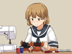 Rule 34 | 1girl, bandaid, bandaid on face, blue sailor collar, book, brown eyes, brown hair, chagamaka, commentary request, crab, grey background, highres, kantai collection, oboro (kancolle), pincushion, sailor collar, school uniform, serafuku, sewing machine, short hair, solo, spool, thread, upper body