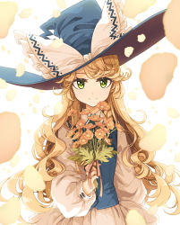 Rule 34 | 1girl, arm at side, asymmetrical bangs, blonde hair, blue hat, blue vest, bow, buttons, closed mouth, curly hair, dress, eyebrows hidden by hair, flower, frilled bow, frills, green eyes, hand up, hat, hat bow, holding, holding flower, kirisame marisa, large hat, leaf, long hair, long sleeves, looking at viewer, poppy (flower), red flower, sakuraba yuuki, simple background, sleeve cuffs, smile, solo, touhou, upper body, very long hair, vest, wavy hair, white background, white bow, white dress, witch hat