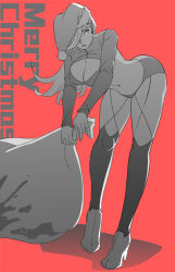 Rule 34 | 1girl, blood, bra, breasts, chinese commentary, cleavage, commentary request, dated commentary, full body, greyscale with colored background, guillotine cross (ragnarok online), hair over one eye, hat, kneehighs, large breasts, leaning forward, long hair, looking to the side, merry christmas, navel, panties, parted lips, ragnarok online, red background, sack, santa hat, shrug (clothing), socks, solo, standing, underwear, zi tsas