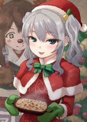 Rule 34 | 2girls, akagi (kancolle), alternate costume, antlers, bell, blue eyes, blush, bow, bowtie, brown eyes, brown gloves, brown hair, christmas, christmas ornaments, christmas stocking, christmas sweater, christmas tree, commentary, food, fork, gloves, green gloves, green neckwear, hair ornament, hat, highres, horns, horyuu, japanese clothes, kantai collection, kashima (kancolle), long hair, looking at viewer, looking down, multiple girls, muneate, nontraditional miko, open mouth, oven mitts, poncho, red nose, red sweater, saliva, santa costume, santa hat, sidelocks, silver hair, smile, star-shaped pupils, star (symbol), steam, sweater, symbol-shaped pupils, tray, tsurime, twintails, upper body, wavy hair