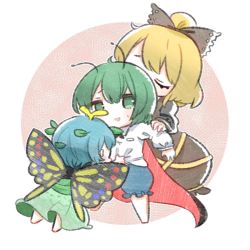 Rule 34 | 3girls, antennae, arm grab, black bow, black shirt, black shorts, blonde hair, blue hair, bow, brown dress, butterfly wings, chibi, closed eyes, commentary request, dress, eternity larva, full body, girl sandwich, green dress, green eyes, green hair, hair bow, hair bun, hair ornament, highres, insect wings, kurodani yamame, kurotaro, leaf hair ornament, long sleeves, multiple girls, open mouth, sandwiched, shirt, shirt grab, short hair, shorts, single hair bun, smile, sweatdrop, touhou, trait connection, white background, white shirt, wings, wriggle nightbug
