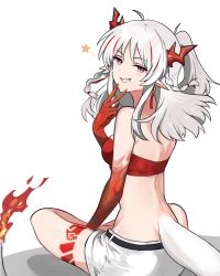 Rule 34 | 1girl, arknights, bandeau, bare legs, bare shoulders, belt, black belt, braid, breasts, commentary, flame-tipped tail, from behind, grin, half updo, hand up, highres, horns, indian style, long hair, looking at viewer, looking back, mabing, medium breasts, midriff, multicolored hair, nian (arknights), pointy ears, purple eyes, red hair, short shorts, shorts, silver hair, simple background, sitting, smile, solo, star (symbol), strapless, streaked hair, tail, thighs, tube top, twin braids, v, white background, white shorts