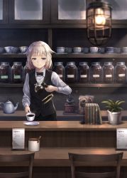 Rule 34 | 1girl, alternate costume, black bow, black vest, blonde hair, blue eyes, book, bow, bowtie, braid, cevio, coffee, coffee beans, coffee cup, coffee pot, coffee tart, collared shirt, commentary request, cup, disposable cup, highres, holding, holding cup, indoors, long sleeves, looking at viewer, medium hair, multicolored hair, one (cevio), orange hair, shirt, single braid, smile, solo, two-tone hair, vest, waitress, white shirt