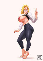 Rule 34 | 1girl, 2020, absurdres, android 18, artist name, blonde hair, blue eyes, breasts, commentary, crop top, crop top overhang, dragon ball, dragonball z, earrings, english commentary, fingernails, forehead, from side, full body, grey pants, hair between eyes, highres, huge breasts, jewelry, light smile, long nipples, looking at viewer, mature female, midriff, no bra, pants, porcoro, short hair, solo, standing, striped sleeves, thick thighs, thighs, tight clothes, tight pants, twisted torso, v, white background, yoga pants