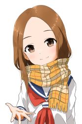 Rule 34 | 1girl, absurdres, bad id, bad pixiv id, beckoning, blue sailor collar, brown eyes, brown hair, closed mouth, commentary, forehead, haika iwatsuki, head tilt, highres, karakai jouzu no takagi-san, long hair, long sleeves, multicolored clothes, multicolored scarf, neckerchief, outstretched hand, patterned clothing, red neckerchief, sailor collar, scarf, school uniform, serafuku, shirt, simple background, smile, solo, split mouth, symbol-only commentary, takagi-san, upper body, white background, white shirt