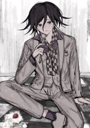 Rule 34 | 1boy, absurdres, arm support, black hair, blush, checkered floor, checkered necktie, cream, cream on face, danganronpa (series), danganronpa 10th anniversary costume, danganronpa v3: killing harmony, flipped hair, food, food on face, fork, grey footwear, grey jacket, grey pants, grey vest, highres, holding, holding fork, jacket, long sleeves, looking at viewer, necktie, oma kokichi, open clothes, open jacket, pants, pink shirt, purple eyes, shirt, solo, vest, wa noko