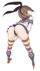 Rule 34 | 1girl, absurdres, alternate costume, animal ears, ass, bare shoulders, brown eyes, brown hair, closed mouth, cosplay, elbow gloves, fake animal ears, from behind, gloves, highres, kantai collection, looking at viewer, ryo (tg290), shimakaze (kancolle), shimakaze (kancolle) (cosplay), short hair, simple background, solo, striped clothes, striped thighhighs, taihou (kancolle), thighhighs, white background, white gloves