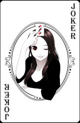 Rule 34 | 1girl, ;p, arm rest, black hair, black shirt, brown eyes, brown hair, card, card (medium), colored skin, english text, framed, hand on own head, hand up, holding, holding card, joker (playing card), long hair, looking at viewer, monochrome, one eye closed, original, playing card, playing card theme, poaro, shirt, smile, solo, spot color, tongue, tongue out, upper body, white background, white skin, wink