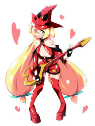 Rule 34 | 1girl, blazblue, blonde hair, boots, cosplay, flat chest, guilty gear, hat, i-no, i-no (cosplay), jacket, kaname nagi, leather, leather boots, leather jacket, leather skirt, long hair, muchourin, open clothes, open jacket, platinum the trinity, quad tails, red hat, smile, solo, symbol-shaped pupils, thigh boots, thighhighs, tongue, very long hair