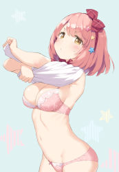 Rule 34 | 1girl, blush, bow, bow panties, bra, breasts, brown eyes, chieru (princess connect!), chieru (school festival) (princess connect!), cleavage, closed mouth, duplicate, green background, groin, hair ornament, hairband, highres, kani biimu, looking at viewer, medium breasts, navel, panties, pink bra, pink hair, pink panties, plaid, plaid bow, plaid hairband, polka dot, polka dot bra, polka dot panties, princess connect!, red bow, red hairband, shirt, solo, star (symbol), star hair ornament, starry background, underwear, undressing, v-shaped eyebrows, white shirt