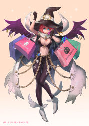Rule 34 | 1girl, bad id, bad pixiv id, bag, belt, blue eyes, breasts, cellphone, chain, cleavage, fingerless gloves, gloves, hat, jewelry, kilart, large breasts, navel, original, phone, red hair, ring, shopping bag, short hair, solo, wings, witch hat