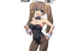 Rule 34 | 10s, 1girl, animal ears, blue eyes, bow, bowtie, breasts, brown hair, cleavage, earrings, fake animal ears, female focus, huang lingyin, infinite stratos, jaga note, jewelry, large breasts, leotard, long hair, looking at viewer, open mouth, pantyhose, playboy bunny, rabbit ears, simple background, smile, solo, standing, twintails, white background, wrist cuffs