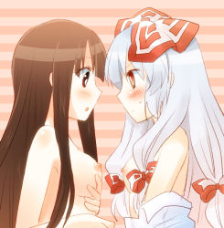 Rule 34 | 2girls, :o, bad id, bad pixiv id, bare shoulders, bow, breasts, brown hair, eye contact, female focus, fujiwara no mokou, hair bow, hair ribbon, houraisan kaguya, izumi minami, long hair, looking at another, multiple girls, nipples, nude, off shoulder, open clothes, open shirt, profile, red eyes, ribbon, shirt, small breasts, striped, striped background, touhou, upper body, white hair, yuri
