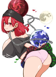 Rule 34 | 1girl, absurdres, ass, bent over, breasts, chain, earth (ornament), hecatia lapislazuli, highres, himajin noizu, huge breasts, large breasts, miniskirt, moon (ornament), panties, pink panties, red eyes, red hair, skirt, solo, touhou, underwear