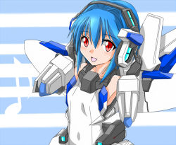Rule 34 | 1girl, blue hair, densou tenshi valforce, elbow gloves, flat chest, gloves, headphones, kannagi ai, karukan (monjya), listening to music, mecha musume, mechanical arms, one-piece swimsuit, open mouth, red eyes, short hair, smile, solo, swimsuit, thrusters, white one-piece swimsuit
