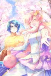 Rule 34 | 1boy, 1girl, :d, athrun zala, blue hair, cherry blossoms, closed eyes, day, detached sleeves, floating hair, from below, green eyes, gundam, gundam seed, hair ornament, haro, holding hands, lacus clyne, long hair, long sleeves, open mouth, outdoors, outstretched arms, petals, pink hair, shirt, short hair, smile, turtleneck, very long hair, white sleeves, yellow shirt, yuuka seisen