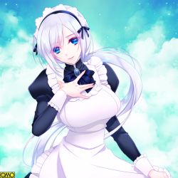 Rule 34 | 1girl, black bow, blue eyes, bow, breasts, cloud, day, hand up, large breasts, long sleeves, maid, maid headdress, mi3m, omc, outdoors, puffy long sleeves, puffy sleeves, short hair, silver hair, smile, solo, upper body, watermark
