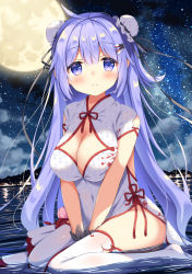 Rule 34 | 1girl, azur lane, between legs, black ribbon, blush, breasts, bun cover, cleavage, closed mouth, commentary request, covered navel, double bun, dress, full body, full moon, hair between eyes, hair bun, hair ornament, hair ribbon, hairclip, hand between legs, highres, long hair, looking at viewer, medium breasts, moon, night, night sky, no shoes, outdoors, purple eyes, purple hair, ribbon, satsuki yukimi, shallow water, short sleeves, sitting, sky, skyline, smile, solo, star (sky), starry sky, thighhighs, unicorn (azur lane), unicorn (the gift of spring) (azur lane), very long hair, wariza, water, white dress, white thighhighs