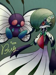 Rule 34 | 1girl, blank eyes, blue gemstone, bob cut, bowtie, brooch, bug, butterfly, butterfree, capelet, clothed pokemon, colored skin, creatures (company), elbow gloves, english text, fangs, female focus, flat chest, floating, free butterfree, game freak, gardevoir, gem, gen 1 pokemon, gen 3 pokemon, gloves, green background, green bow, green bowtie, green hair, green skin, hair over one eye, insect, jewelry, looking at viewer, mask, masquerade mask, multicolored skin, nintendo, one eye covered, open mouth, pokemon, pokemon (creature), purple gloves, purple shirt, red eyes, shirt, short hair, simple background, standing, two-tone skin, white capelet, white skin