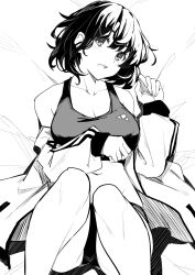 Rule 34 | 1girl, :d, bare shoulders, bed sheet, breasts, cleavage, collarbone, commentary, duplicate, feet out of frame, greyscale, hair between eyes, hand up, highres, izumi (kekemotsu), jacket, kekemotsu, knees up, long sleeves, looking at viewer, lying, medium breasts, monochrome, off shoulder, on back, open clothes, open jacket, open mouth, original, pixel-perfect duplicate, puffy long sleeves, puffy sleeves, sleeves past wrists, smile, solo, thick eyebrows, track and field, track uniform