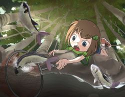 Rule 34 | 1girl, artist name, blue eyes, branch, child, ears, feet up, female focus, fin ishing, fins, fish, fish request, fish tail, fishing, fishing net, forest, freckles, green hair ornament, holding net, indie virtual youtuber, leaf, legs, lily hopkins, looking down, lying, lying on ground, nature, net, nose, on ground, on stomach, open mouth, outdoors, red footwear, signature, solo, striped clothes, striped footwear, tail, teeth, tongue, tree, tree shade, underwater, upper teeth only, white footwear