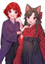 Rule 34 | 2girls, akagashi hagane, alternate costume, alternate eye color, animal ears, belt, black belt, black bow, black skirt, blush, bow, breasts, brown hair, commission, fang, hair bow, hand on own chest, hand up, hands up, horikawa raiko, imaizumi kagerou, japanese clothes, kimono, long hair, long sleeves, looking at viewer, medium breasts, multicolored clothes, multicolored kimono, multiple girls, open mouth, pink eyes, plaid, plaid shirt, purple kimono, purple shirt, red bow, red eyes, red hair, red kimono, red shirt, shirt, short hair, simple background, skeb commission, skirt, smile, standing, tongue, touhou, white background, wide sleeves, wolf ears