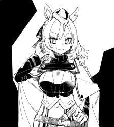 Rule 34 | 1girl, animal ears, arknights, armor, bow, cloak, commentary request, greyscale, hair bow, hand on own hip, hand up, hat, horse ears, kingdom of kazimierz logo, long sleeves, looking at viewer, monochrome, post, short hair, simple background, smile, solo, split mouth, straight-on, twitter username, upper body, whislash (arknights), white background, yom (ymayma00ss)
