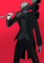 Rule 34 | 1boy, absurdres, aragaki shinjirou, closed mouth, collared shirt, formal, hair between eyes, highres, holding, holding weapon, jacket, male focus, monochrome, n6 kcf, official alternate costume, open clothes, open jacket, over shoulder, pants, persona, persona 3, pink background, shirt, simple background, solo, spot color, suit, vest, weapon, weapon over shoulder