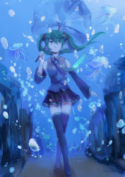 Rule 34 | 1girl, bad id, bad pixiv id, boots, bubble, detached sleeves, green eyes, green hair, hatsune miku, jellyfish, long hair, matching hair/eyes, necktie, skirt, solo, submerged, thigh boots, thighhighs, twintails, umbrella, underwater, vocaloid, walking