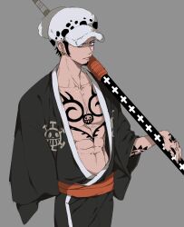 Rule 34 | 1boy, abs, arm tattoo, black hair, black kimono, closed mouth, commentary request, earrings, facial hair, frown, fur hat, goatee, hand tattoo, hat, highres, holding, holding sheath, japanese clothes, jewelry, kimono, looking at viewer, male focus, navel, one piece, open clothes, open kimono, pectorals, piratesebine, sheath, short hair, solo, sword, tattoo, trafalgar law, weapon, wide sleeves, yellow eyes