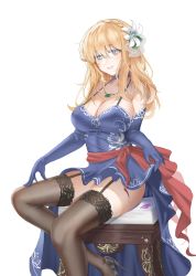 Rule 34 | 1girl, black thighhighs, blonde hair, blue dress, blue eyes, blush, breasts, choker, cleavage, clothes lift, condom, condom wrapper, dress, dress lift, elbow gloves, flower, garter straps, girls&#039; frontline, gloves, hair flower, hair ornament, high heels, highres, large breasts, long hair, looking at viewer, mosin-nagant (girls&#039; frontline), mosin-nagant (moonlit ocean) (girls&#039; frontline), official alternate costume, parted lips, sash, sitting, smile, solo, thighhighs, yf (hbyg)