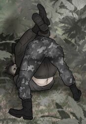 Rule 34 | 2boys, ass, bara, black hair, boots, call of duty, call of duty: modern warfare 2, camouflage, camouflage pants, forest, full body, g0atbra1nz, ghost (modern warfare 2), highres, leg lock, male focus, multiple boys, nature, pants, sexually suggestive, soap (modern warfare 2), thick eyebrows, wrestling, yaoi