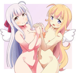 Rule 34 | 2girls, ahoge, angel, blonde hair, blue eyes, blush, breasts, brown eyes, cleft of venus, closed mouth, collarbone, cowboy shot, cross hair ornament, female focus, flat chest, gabriel dropout, gabriel tenma white, hair ornament, holding hands, huge breasts, interlocked fingers, inverted nipples, long hair, looking at viewer, looking to the side, multiple girls, naruse mai, navel, nipples, nude, open mouth, outside border, pussy, raphiel shiraha ainsworth, silver hair, smile, uncensored, wings