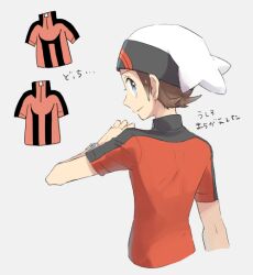 Rule 34 | 1boy, beanie, blue eyes, bracelet, brendan (pokemon), brown hair, closed mouth, commentary request, creatures (company), from behind, game freak, hand up, hat, jewelry, looking at viewer, looking back, male focus, niimura (csnel), nintendo, pokemon, pokemon oras, shirt, short hair, short sleeves, smile, solo, translation request, upper body, white hat