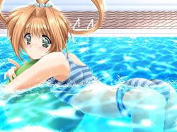 Rule 34 | 1girl, :o, angel egg, arai chiharu, ass, ball, bent over, bikini, blush, brown hair, from side, game cg, green eyes, hair rings, partially submerged, pool, pool ladder, solo, sparkle, striped bikini, striped clothes, swimsuit, tile floor, tiles
