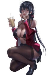 Rule 34 | 1girl, ahoge, azur lane, bag, black bra, black choker, black footwear, black skirt, bra, breasts, brown thighhighs, bubble tea, choker, cleavage, crossed bangs, cup, disposable cup, drink, drinking straw, eyewear on head, full body, highres, holding, holding cup, holding drink, huge ahoge, jacket, large breasts, lips, long hair, looking at viewer, miniskirt, nose, open clothes, open jacket, pinup (style), pleated skirt, realistic, red eyes, red jacket, round eyewear, school bag, shirt, shoes, skirt, solo, taihou (azur lane), taihou (enraptured companion) (azur lane), thighhighs, tongue, tongue out, underwear, very long hair, xixi (xixihenlan ing)