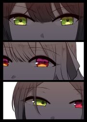 Rule 34 | 3girls, assault lily, black border, border, close-up, commentary, funada kiito, funada ui, green eyes, hair between eyes, hair ribbon, heterochromia, highres, looking at viewer, mole, mole under eye, monochrome, multicolored eyes, multiple girls, nigari (ngari 0115), orange eyes, parted bangs, portrait, purple eyes, red eyes, ribbon, shiba tomoshibi, siblings, simple background, sisters, spot color, symbol-only commentary, white background