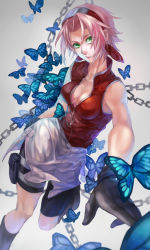 Rule 34 | 1girl, artist request, bare shoulders, bike shorts, black gloves, boots, breasts, bug, butterfly, chain, cleavage, collarbone, gloves, gradient background, green eyes, haruno sakura, headband, highres, insect, lips, looking at viewer, naruto, naruto (series), pink hair, pocket, short hair, sleeveless, solo, thigh strap, zipper