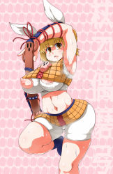 Rule 34 | 1girl, animal ears, armpits, blonde hair, blunt bangs, blush, breasts, foot out of frame, haniwa (statue), huge breasts, joutouguu mayumi, midriff, navel, nipples, pink background, short hair, simple background, solo, standing, standing on one leg, sugiura, sweat, thick thighs, thighs, torn clothes, touhou