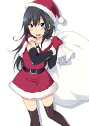 Rule 34 | 1girl, :d, asashio (kancolle), belt, black gloves, black hair, blue eyes, brown thighhighs, capelet, commentary request, dress, elbow gloves, fur trim, gloves, hat, holding, kantai collection, long hair, looking at viewer, mittens, nagami yuu, open mouth, red capelet, red gloves, red hat, red mittens, sack, santa costume, santa dress, santa hat, simple background, smile, solo, standing, thighhighs, white background