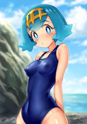 Rule 34 | 1girl, bare arms, beach, blue eyes, blue hair, blue one-piece swimsuit, blush, breasts, covered erect nipples, covered navel, creatures (company), day, game freak, hair ornament, highres, lana (pokemon), looking at viewer, mochizuki mochio, nintendo, one-piece swimsuit, pokemon, pokemon sm, puffy nipples, school swimsuit, short hair, sky, small breasts, solo, standing, swimsuit, trial captain