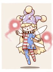 Rule 34 | 1girl, american flag dress, american flag legwear, black eyes, blonde hair, blush, border, clownpiece, fairy wings, flying, full body, hat, highres, holding, holding torch, jester cap, long hair, looking at viewer, pantyhose, poronegi, simple background, smile, solo, torch, touhou, very long hair, white border, wings, yellow background