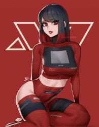 Rule 34 | 1girl, aurahack, black hair, bob cut, boots, breasts, commentary, crop top, highres, kneeling, lipstick, long sleeves, makeup, medium breasts, medium hair, microcomputer, midriff, mole, mole on cheek, mole on leg, mole on stomach, mole under eye, mole under mouth, multicolored hair, multiple moles, panties, personification, red background, red eyes, red footwear, red lips, red panties, see-through, see-through shirt, sharp corporation, sharp x1, skin tight, solo, thigh boots, thighhighs, twitter username, two-tone hair, underwear, watermark